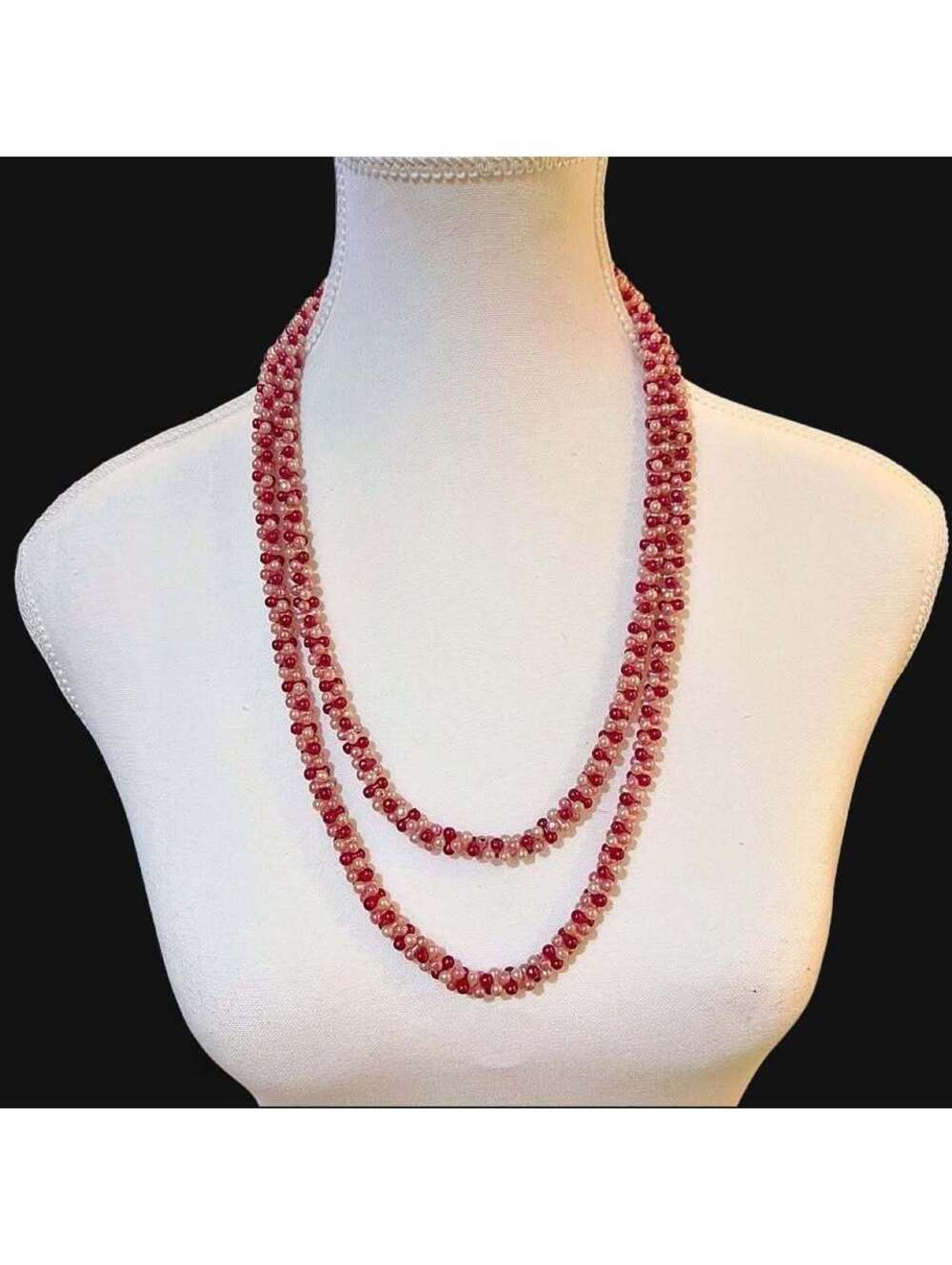 Vintage Pink and White Faux Pearl Double Strand Woven Necklace